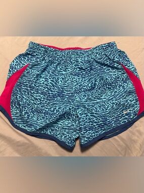 Nike Girls' Dri Fit Athletic Shorts with Liner, Blue Animal Print, Large